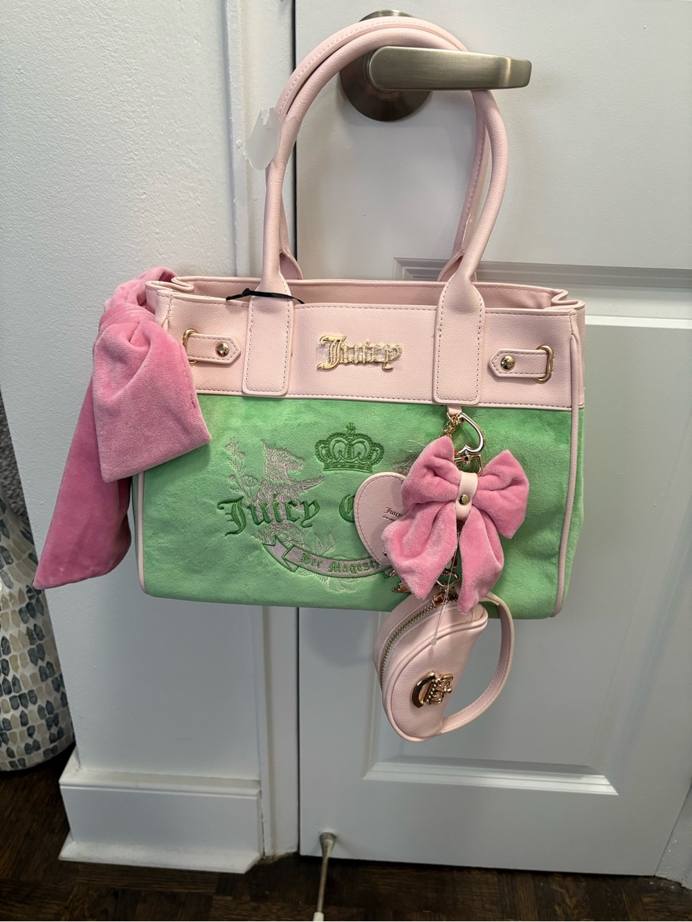 Juicy Couture Pink & Green Suede Shoulder Bag with Charms